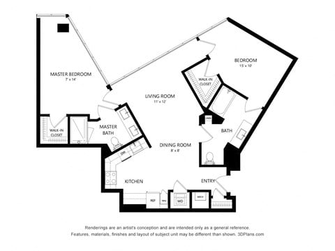 Floor plan for 2 beds, 2 baths, 1084 sqft